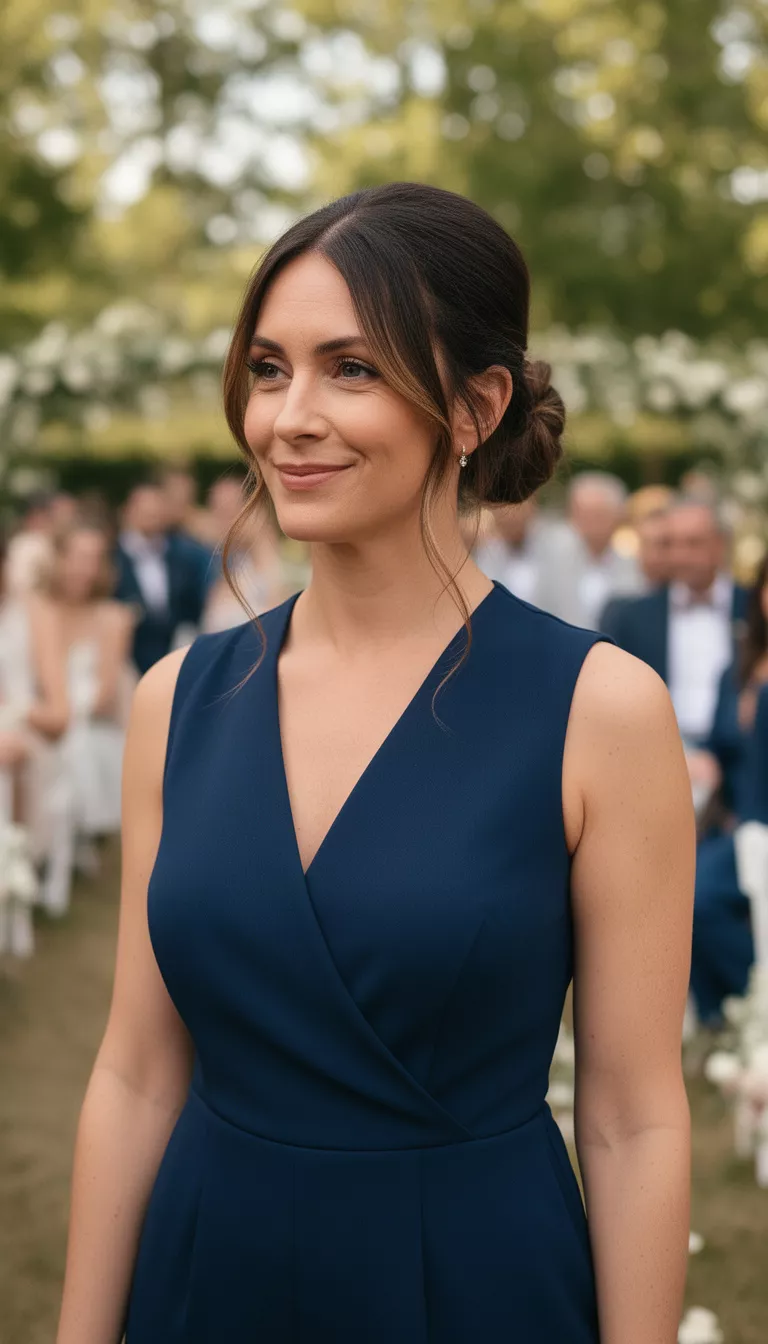 close-up casual photo of a 37-year-old wedding guest wearing a navy blue jumpsuit with a low bun and face-framing strands, shot with an iPhone 15 Pro Max