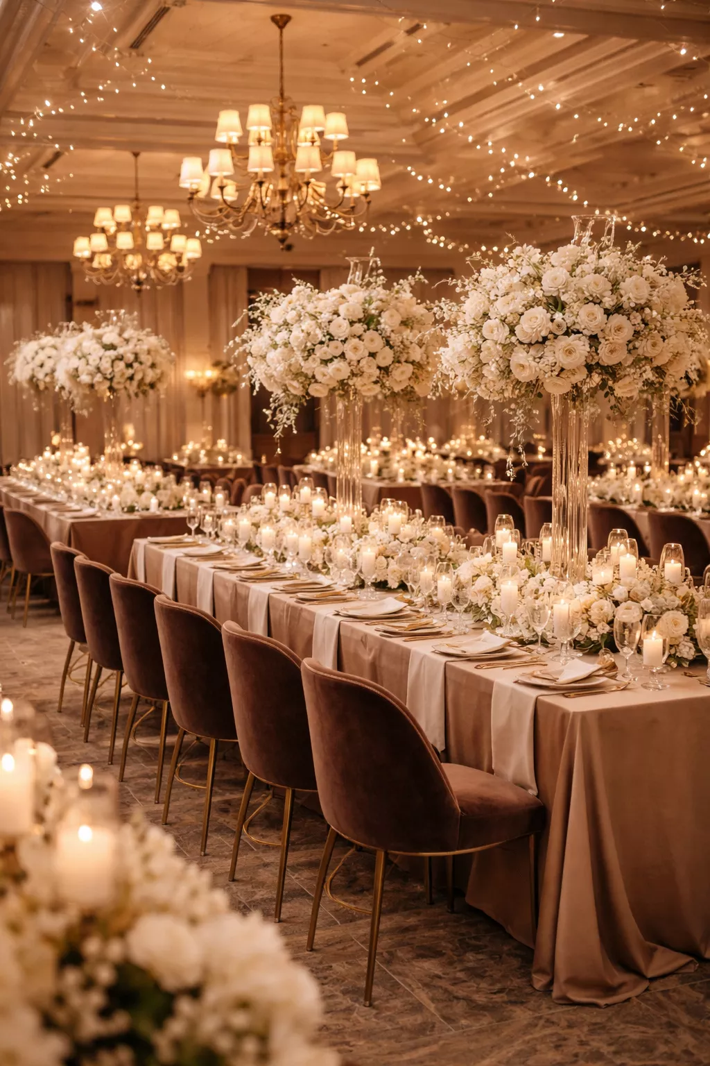 Mocha Mousse Elegance A realistic photo of a modern wedding reception with chocolate brown velvet chairs, latte beige table runners, and ivory floral installations under warm residential style lighting.