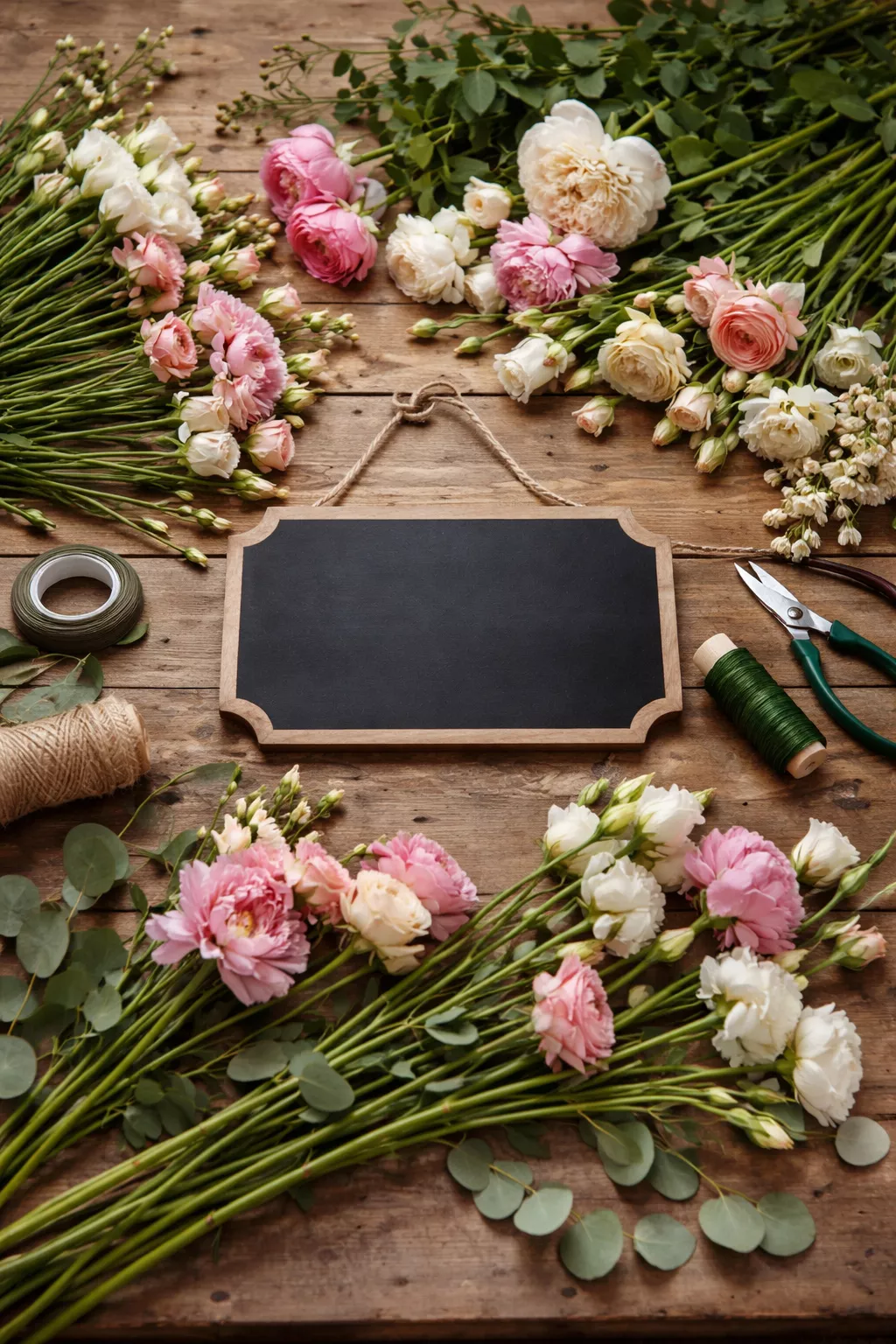 DIY Bouquet and Sign Workshop A realistic photo of a wooden table covered in fresh long-stemmed flowers, green floral tape, and a blank chalkboard wedding sign.
