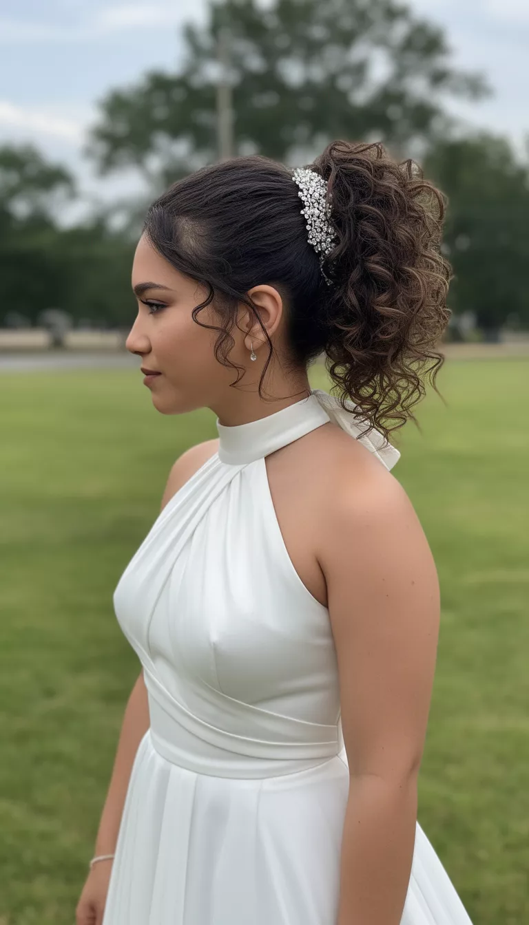 casual photo of a 29-year-old bride wearing a modern halter wedding dress with a short, high curly ponytail and a sparkly accessory, profile view, shot with an iPhone 15 Pro Max