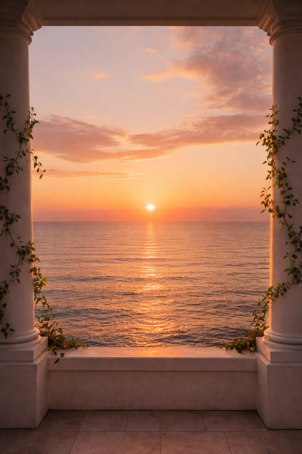 A realistic photo of an ocean horizon at sunset framed by two simple white pillars with minimal green vines.