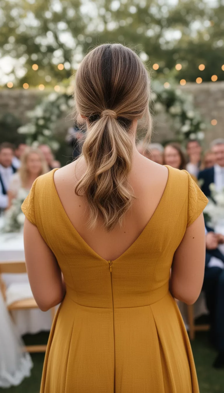 close-up casual photo of a 31-year-old wedding guest wearing a mustard yellow midi dress with a textured low ponytail, back view, shot with an iPhone 15 Pro Max