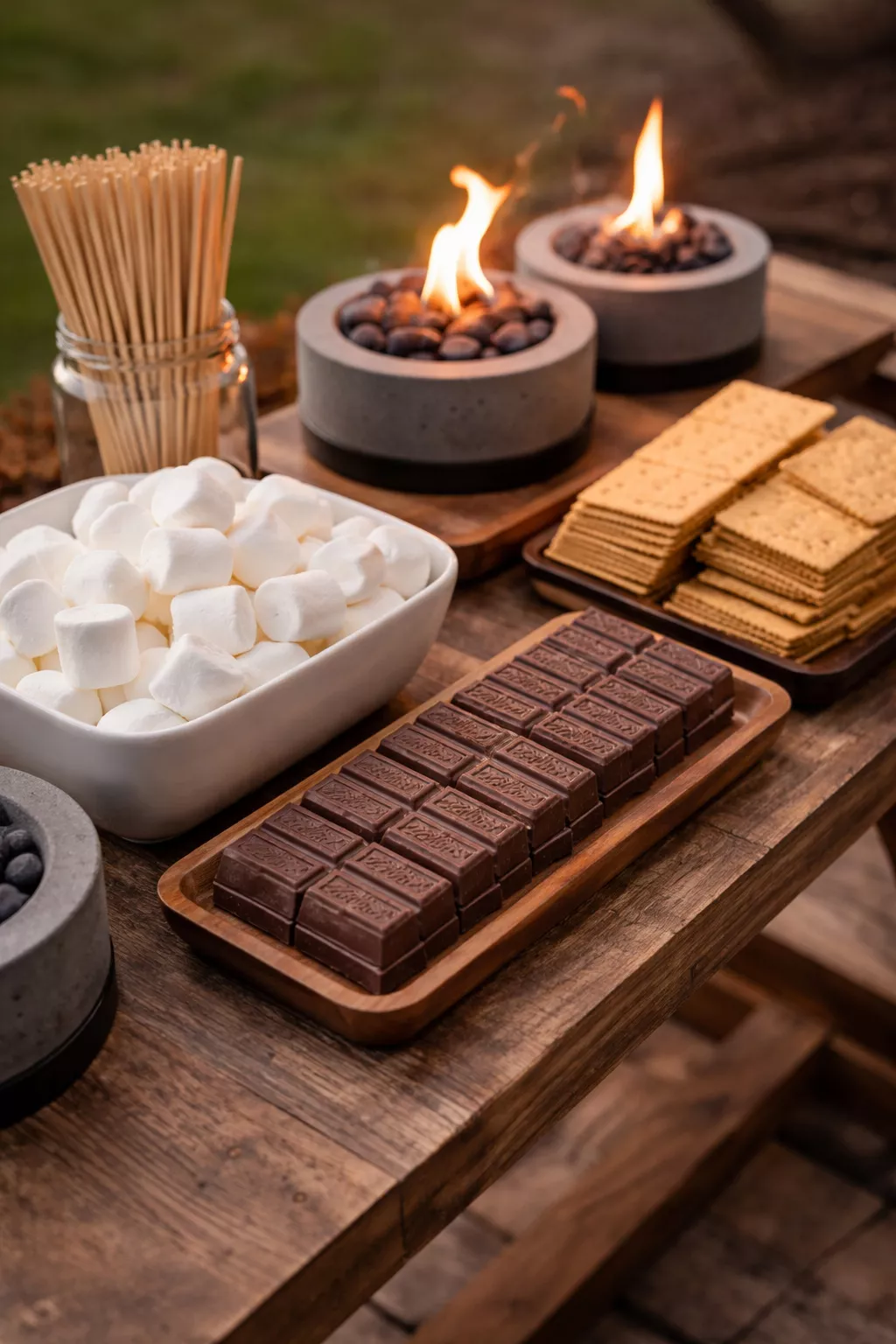 A realistic photo of a white marshmallow and brown chocolate bar station with graham crackers and small fire pits.