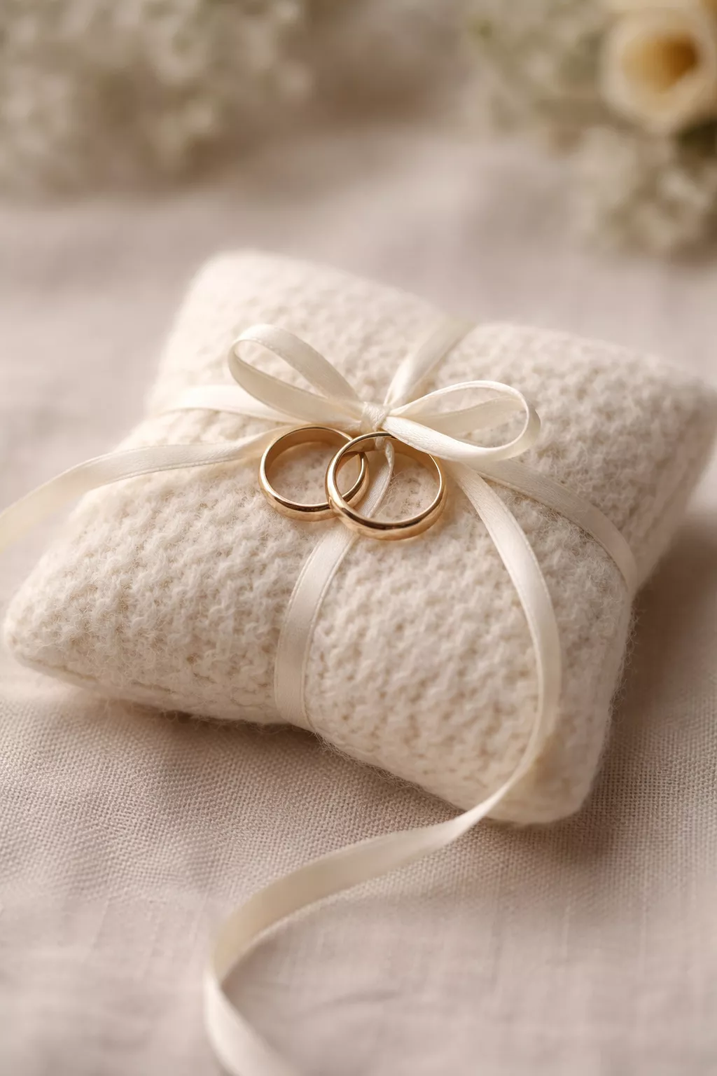 Knitted Ring Bearer Pillow A realistic photo of a small cream knitted ring bearer pillow with a soft wool texture, featuring a thin silk ribbon tied in a bow to hold two gold wedding bands.