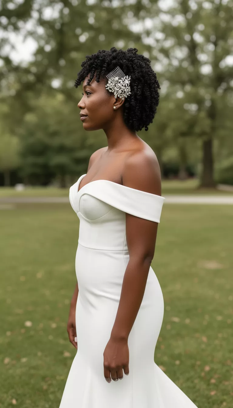 casual photo of a 38-year-old bride wearing an off-the-shoulder column wedding dress with tight short coils and a decorative side comb, profile view, shot with an iPhone 15 Pro Max