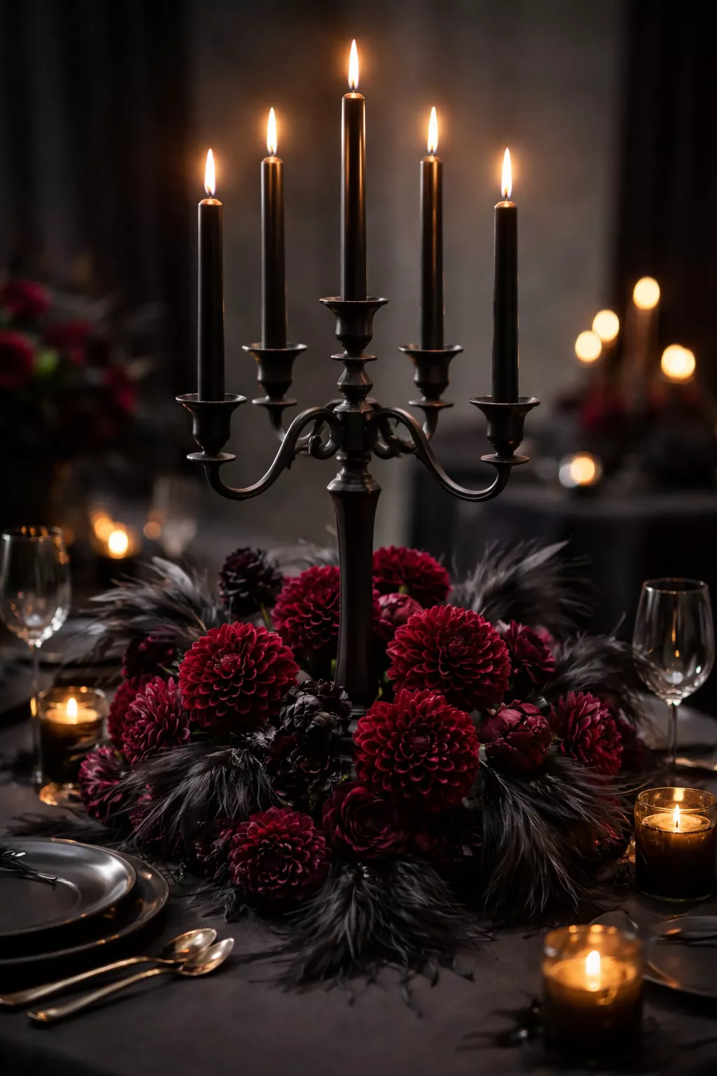 A realistic photo of a tall matte black candelabra with black taper candles surrounded by dark red dahlias and black feathers on a dinner table.