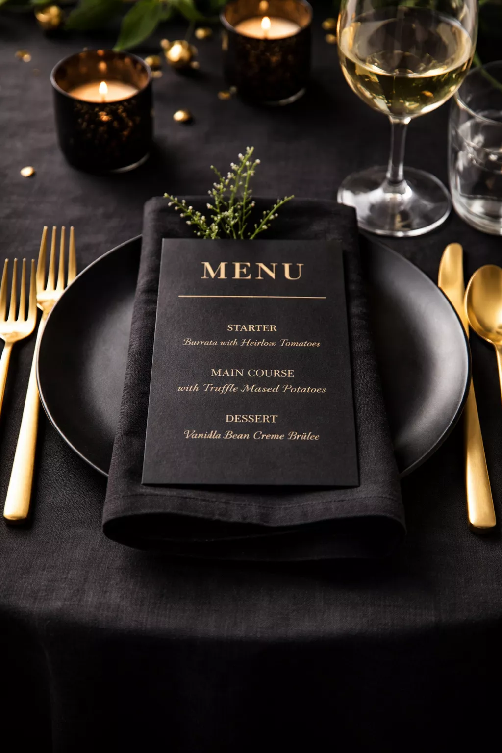 A realistic photo of a place setting with a black dinner plate, gold flatware, and a black menu card with gold lettering sitting on a black linen napkin.