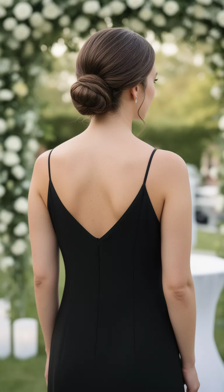 close-up casual photo of a 26-year-old wedding guest wearing a minimal black slip dress with a sleek updo, back view, shot with an iPhone 15 Pro Max