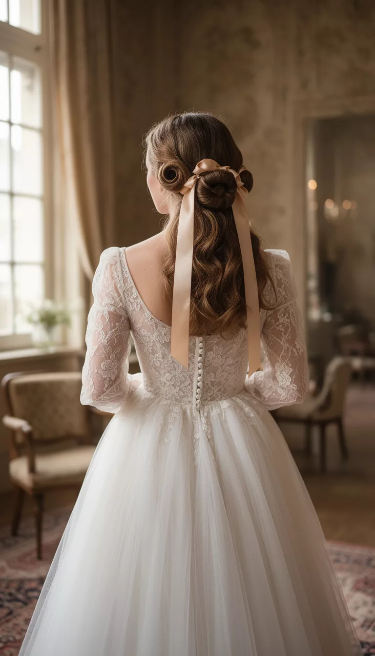 selfie of a 25-year-old bride wearing a vintage tulle gown with hair rolled into satin ribbons, back view, shot with an iPhone 15 Pro Max