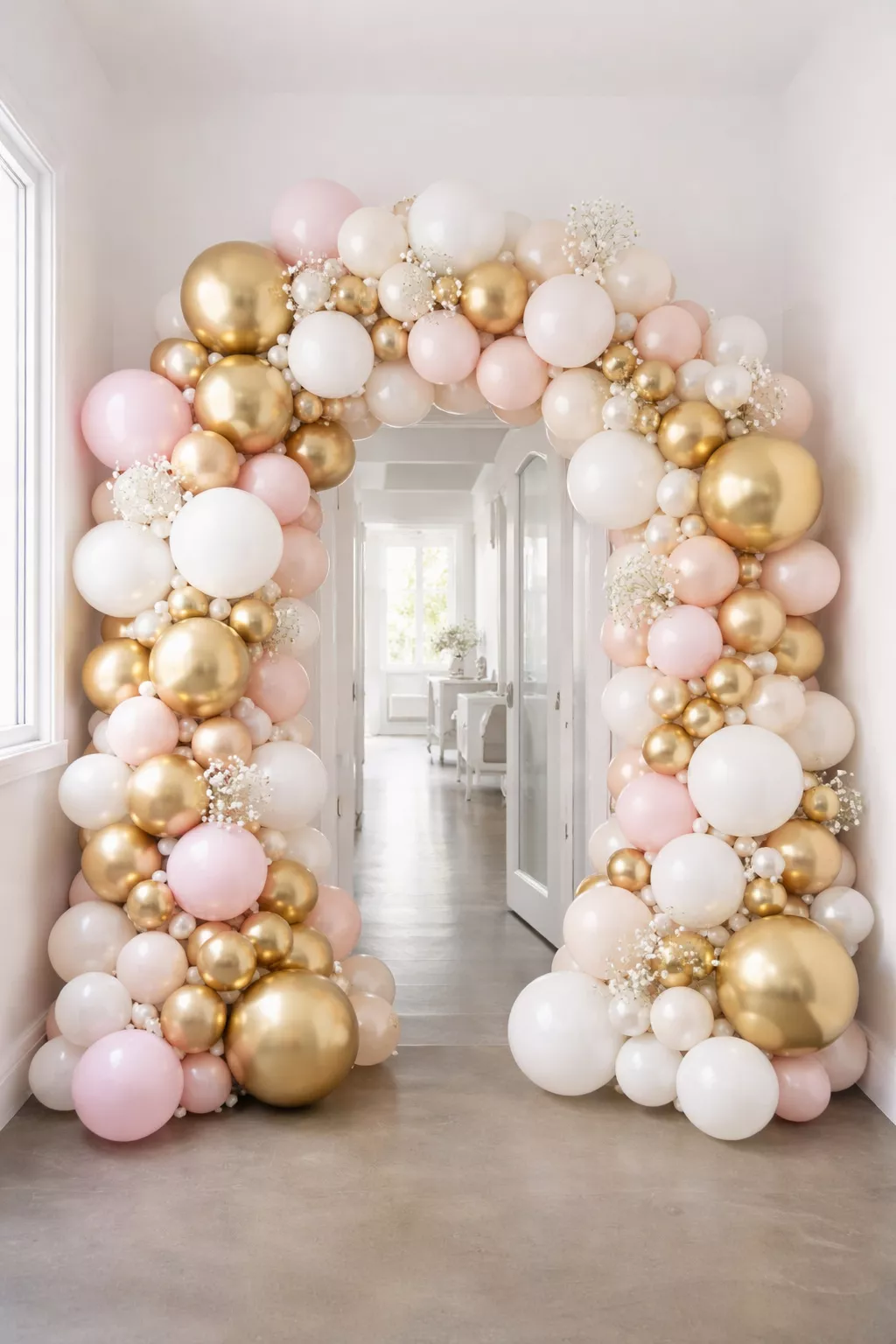 A realistic photo of a large organic balloon arch with metallic gold balloons and light pink balloons and white balloons of different sizes.