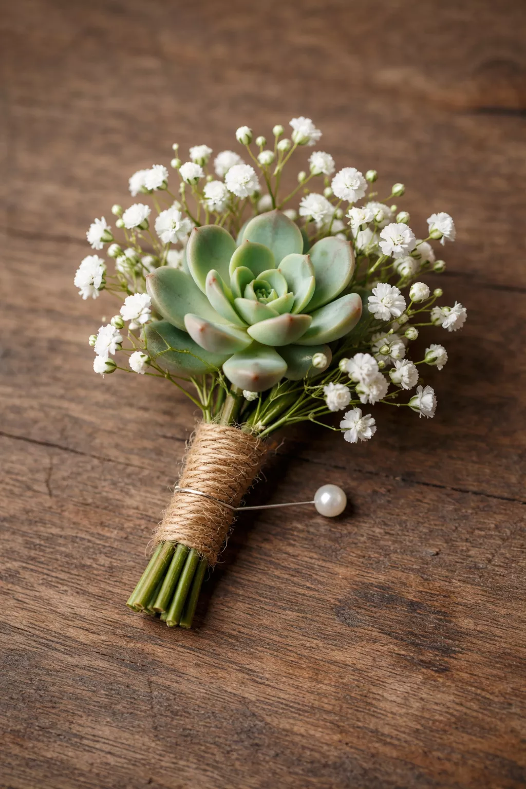 Twine Wrapped Boutonnieres A realistic photo of a small boutonniere made of a single succulents and white baby's breath, with the stems neatly wrapped in brown twine and a silver pin.