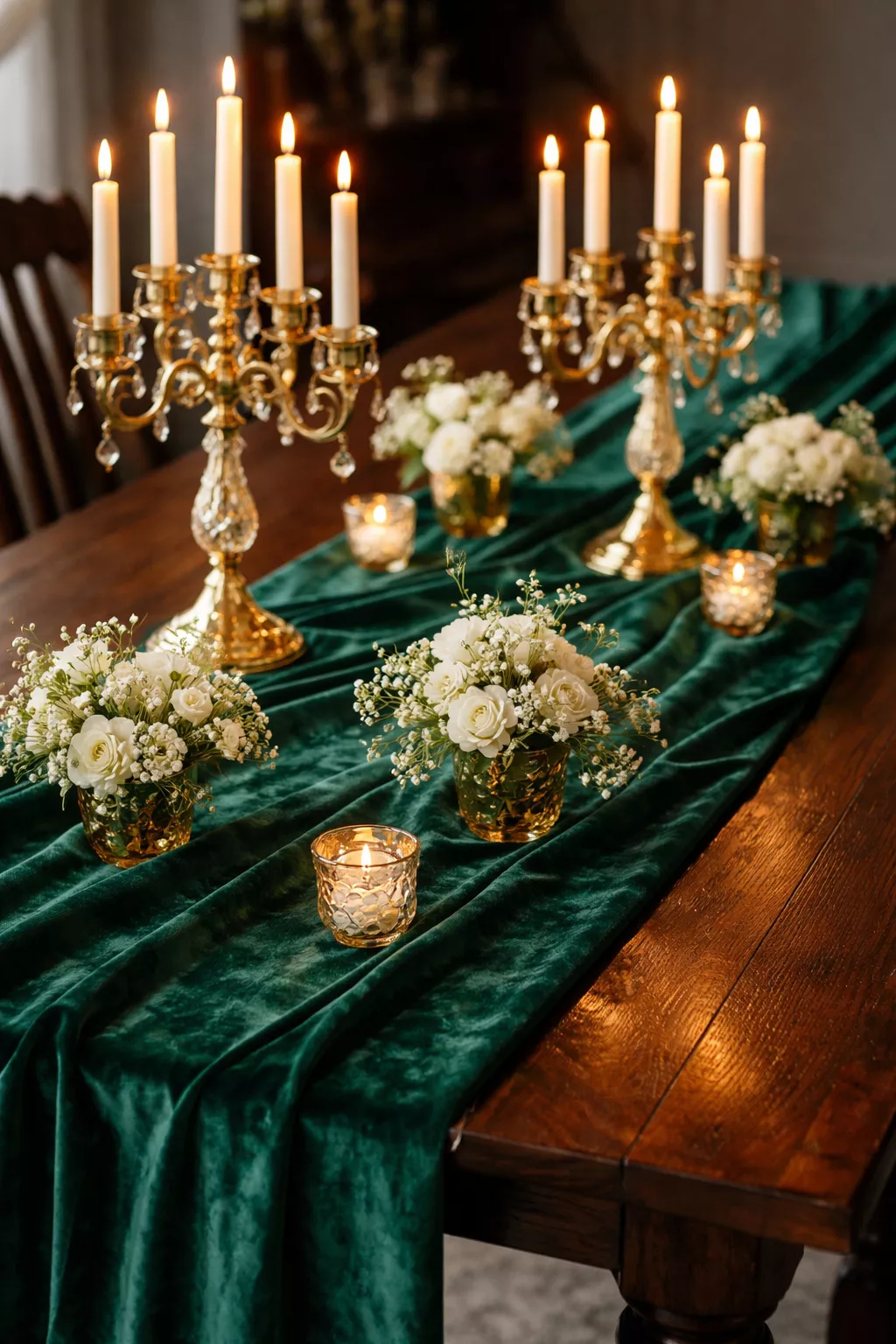 A realistic photo of an emerald green velvet table runner with gold candelabras and small white flowers on a dark wood table.