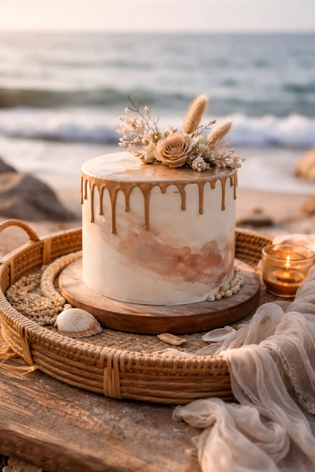 Earth Tone Watercolor Cake A realistic photo of a single-tier tan wedding cake with muted earth-tone watercolor washes and a dripping bronze glaze, styled on a bohemian wooden tray by the sea.