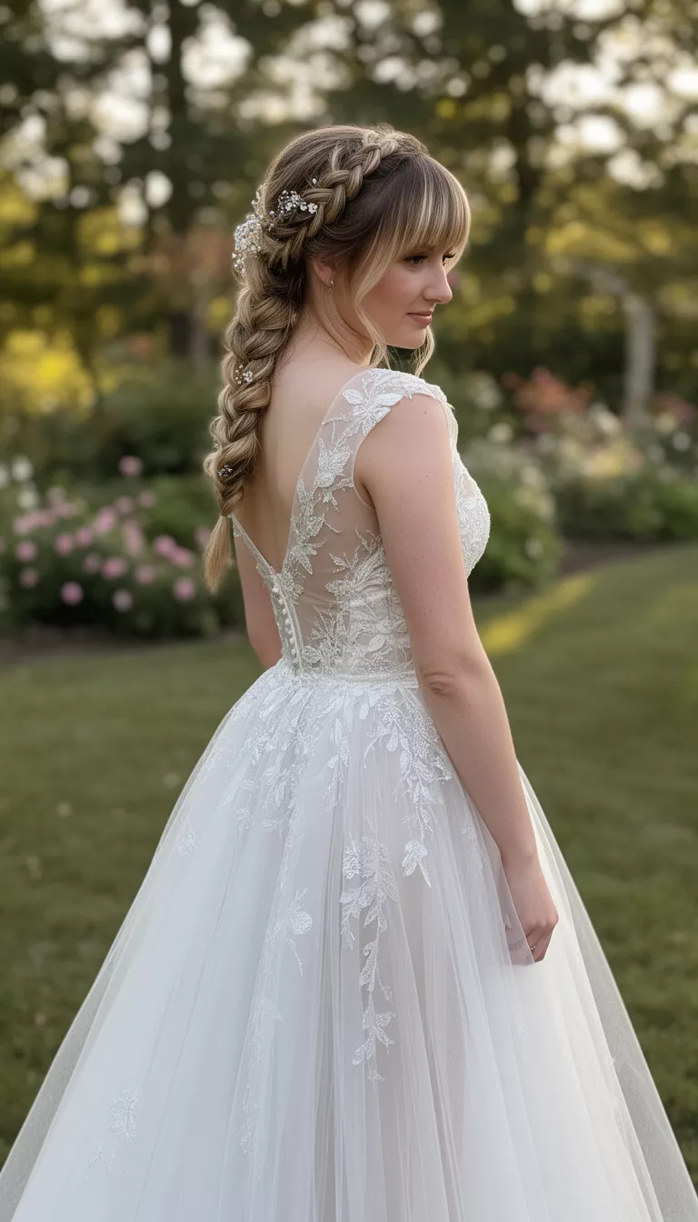 casual photo of a 29-year-old bride wearing a whimsical tulle wedding dress with a Romantic Fishtail Braid with Side Bangs, side view, shot with an iPhone 15 Pro Max