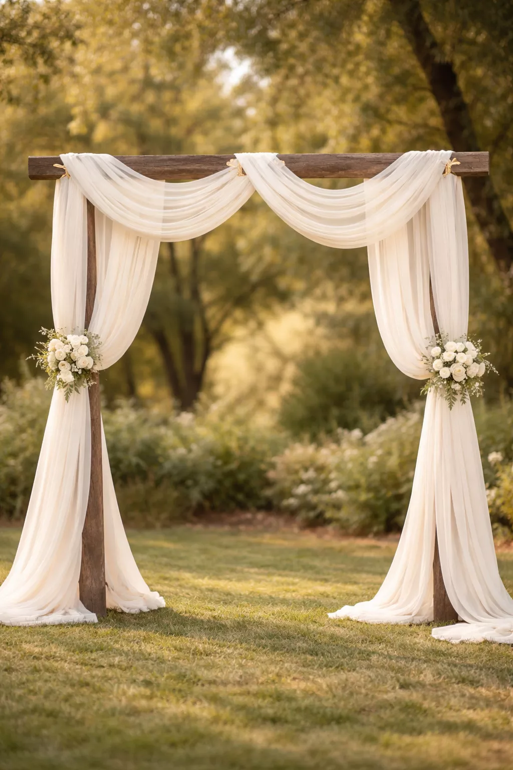Fabric Backdrop Draping A realistic photo of long ivory chiffon fabric draped elegantly over a wooden ceremony arch, with sections gathered by gold metal clips and small clusters of white flowers.