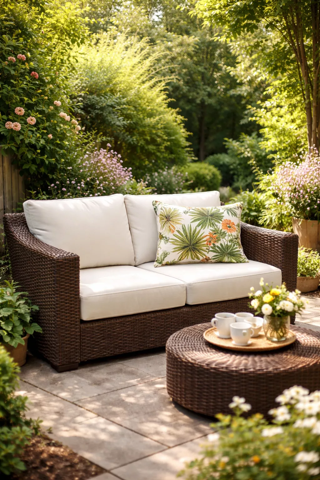 A realistic photo of a dark brown wicker sofa with white cushions and a botanical print throw pillow in an outdoor garden nook.