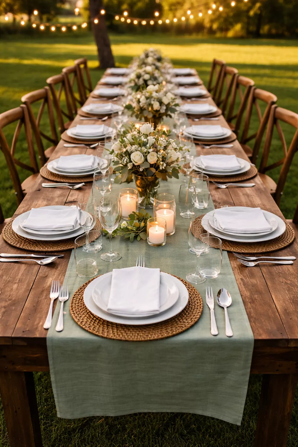 A realistic photo of a long brown wooden farm table set for dinner with white plates and green runners on a grassy lawn.
