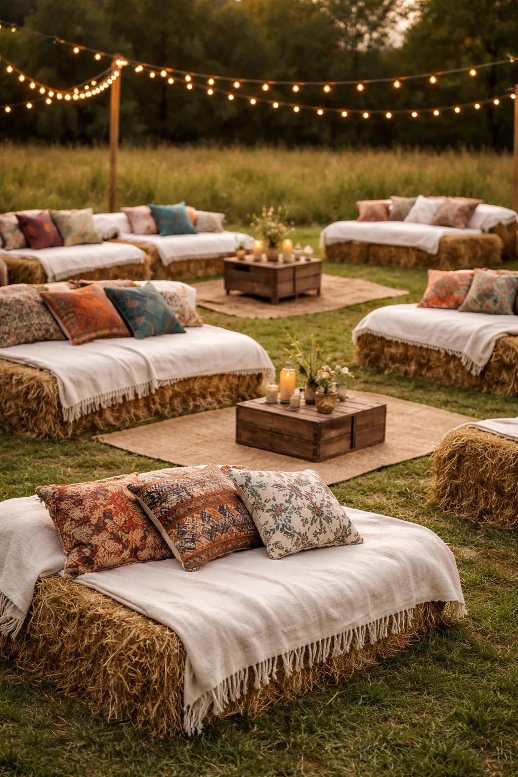 A realistic photo of a lounge area featuring stacks of yellow hay bales covered with white blankets and colorful patterned pillows in a grassy field.