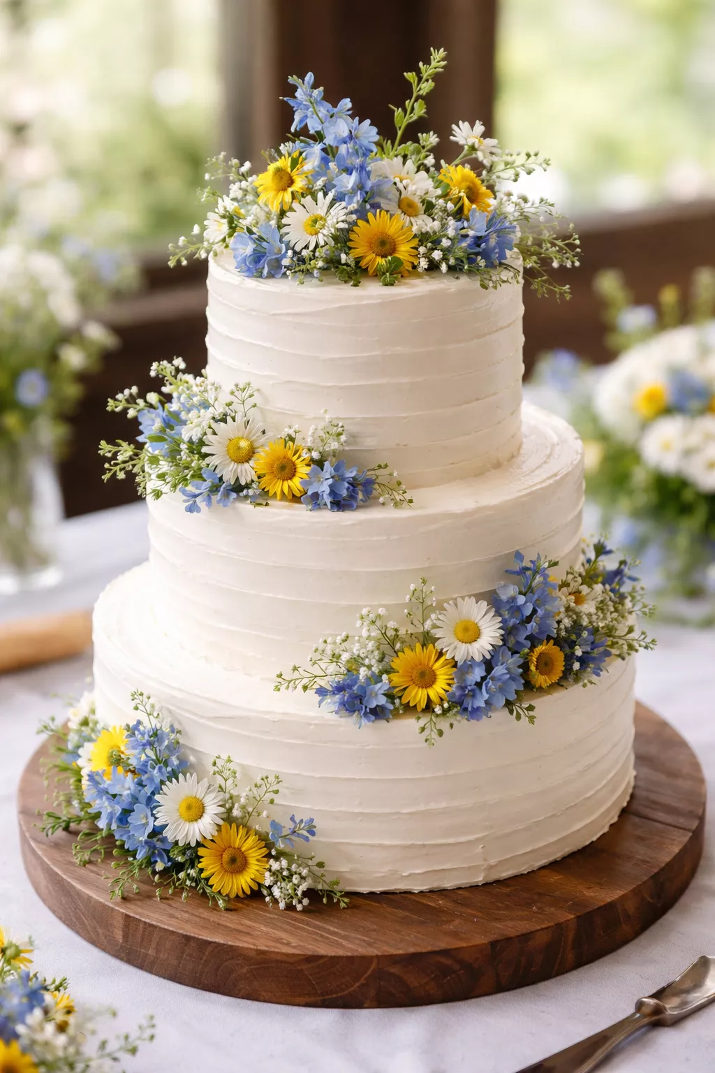 Beautifully Floraled Wedding Cakes A realistic photo of a three tiered white buttercream wedding cake decorated with fresh blue and yellow wildflowers on a wooden cake stand.