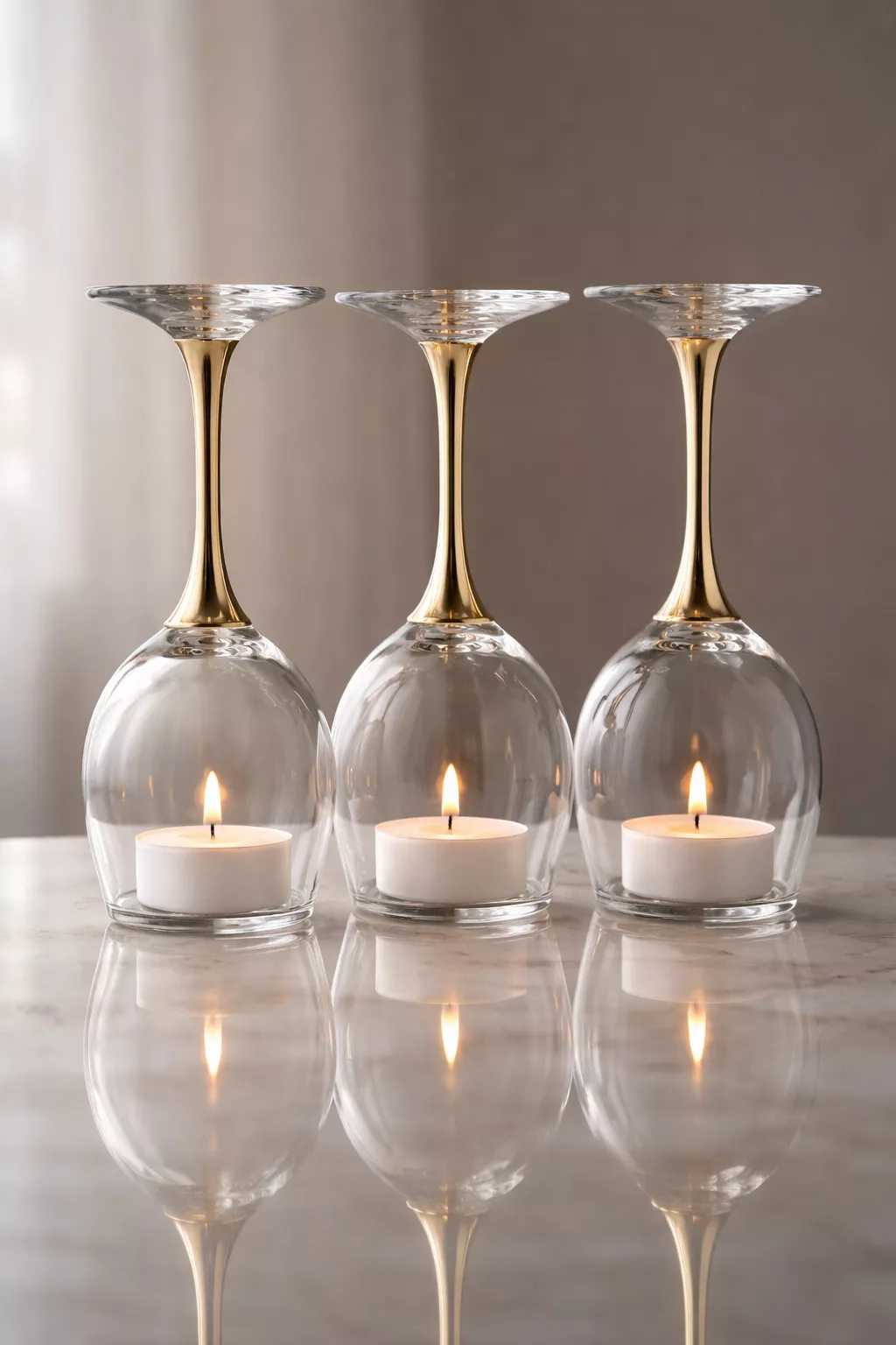 A realistic photo of three inverted wine glasses with gold stems and white tea light candles sitting on the flat glass bases.
