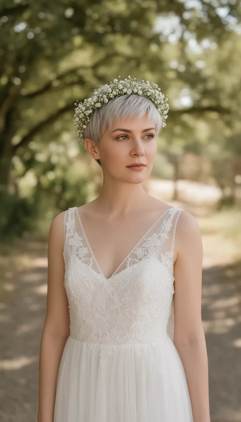 casual photo of a 26-year-old bride wearing a simple ethereal wedding dress with a texturized pixie cut and a delicate dainty flower crown, shot with an iPhone 15 Pro Max