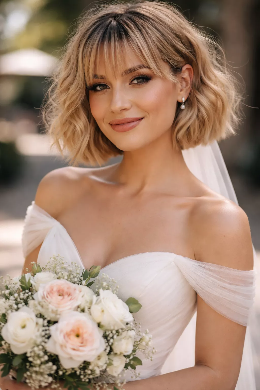 close-up realistic photo of a 34-year-old bride wearing a chic tea length wedding dress with a Textured Bob with Disconnected Bangs, shot with an iPhone 15 Pro Max