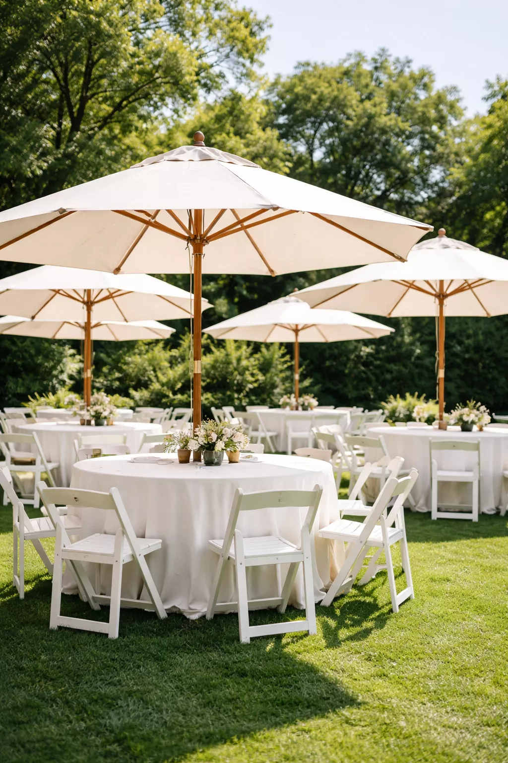 A realistic photo of large cream market umbrellas standing on a lawn over white wooden chairs.