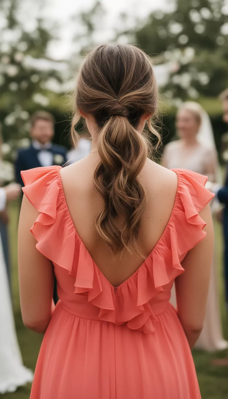 close-up casual photo of a 27-year-old wedding guest wearing a coral ruffle dress with a twisted ponytail, back view, shot with an iPhone 15 Pro Max