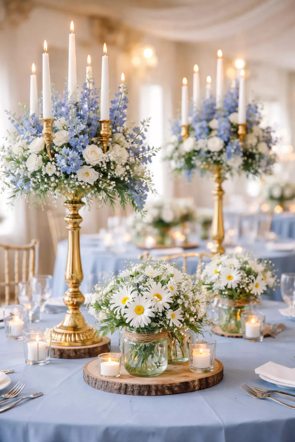 A realistic photo of wedding centerpieces featuring tall gold candelabras with blue delphinium flowers and low mason jars with white daisies on a blue table cloth