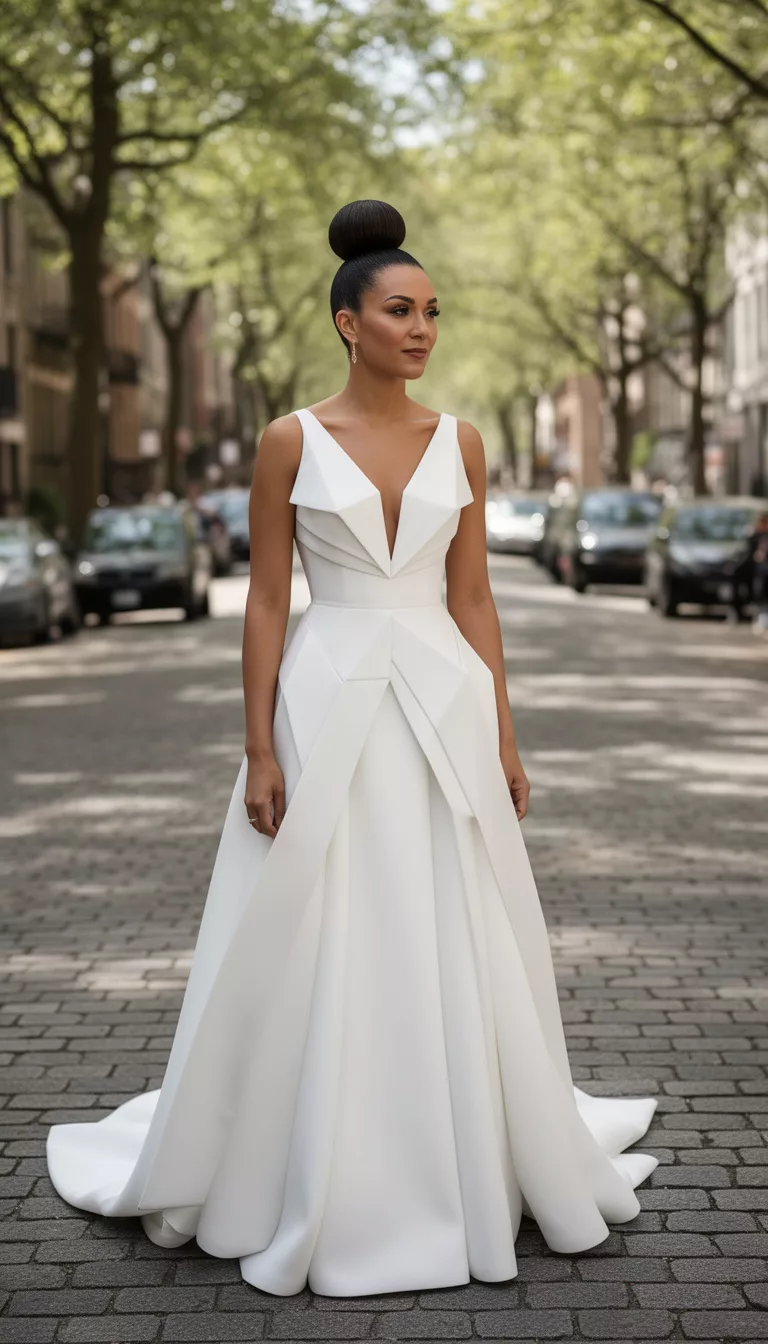 casual photo of a 35-year-old bride wearing a modern architectural wedding gown with a high sleek bun, shot with an iPhone 15 Pro Max