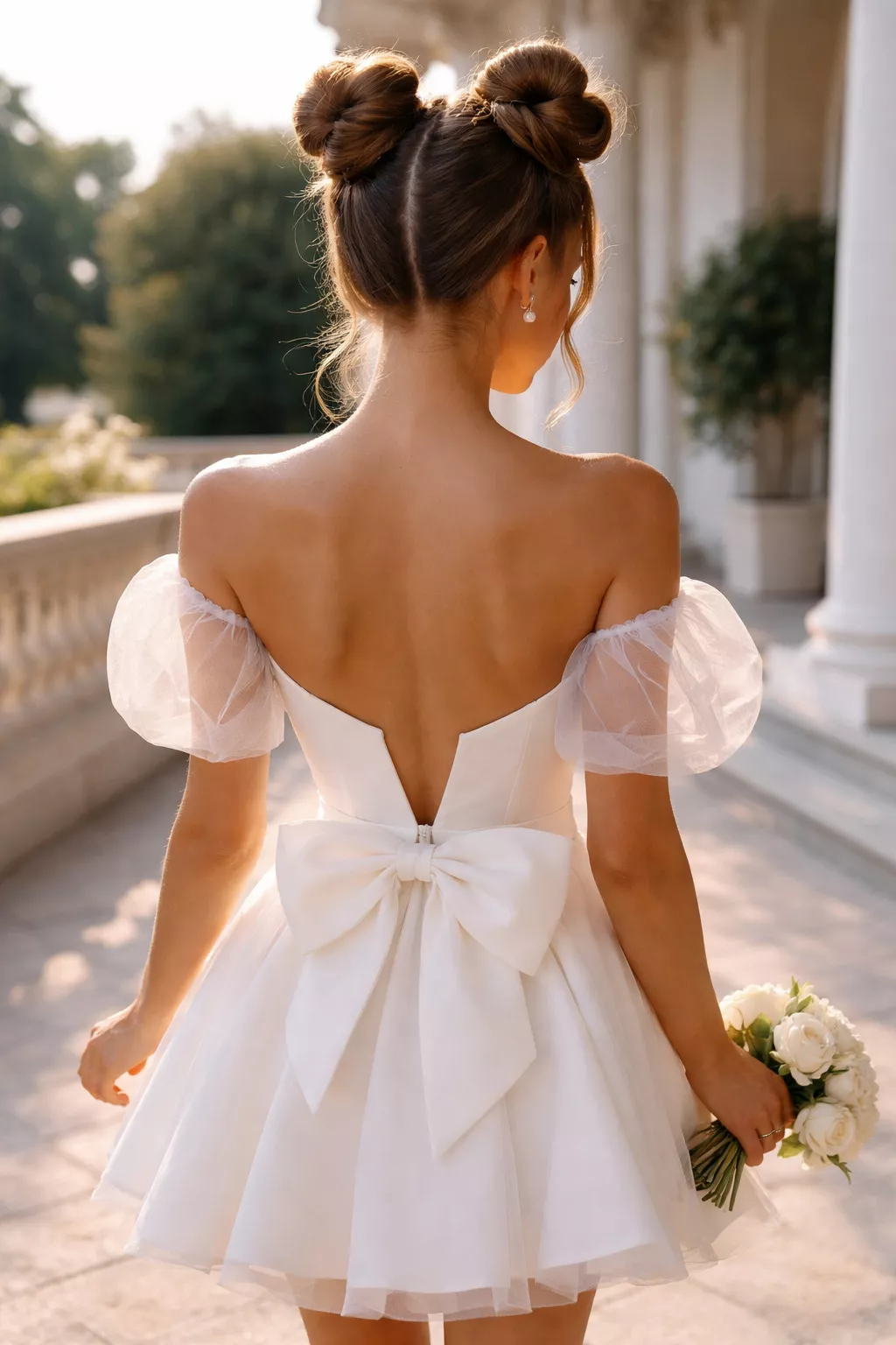 close-up realistic photo of a 27-year-old bride wearing a trendy short wedding dress with a modern double bun, back view, shot with an iPhone 15 Pro Max