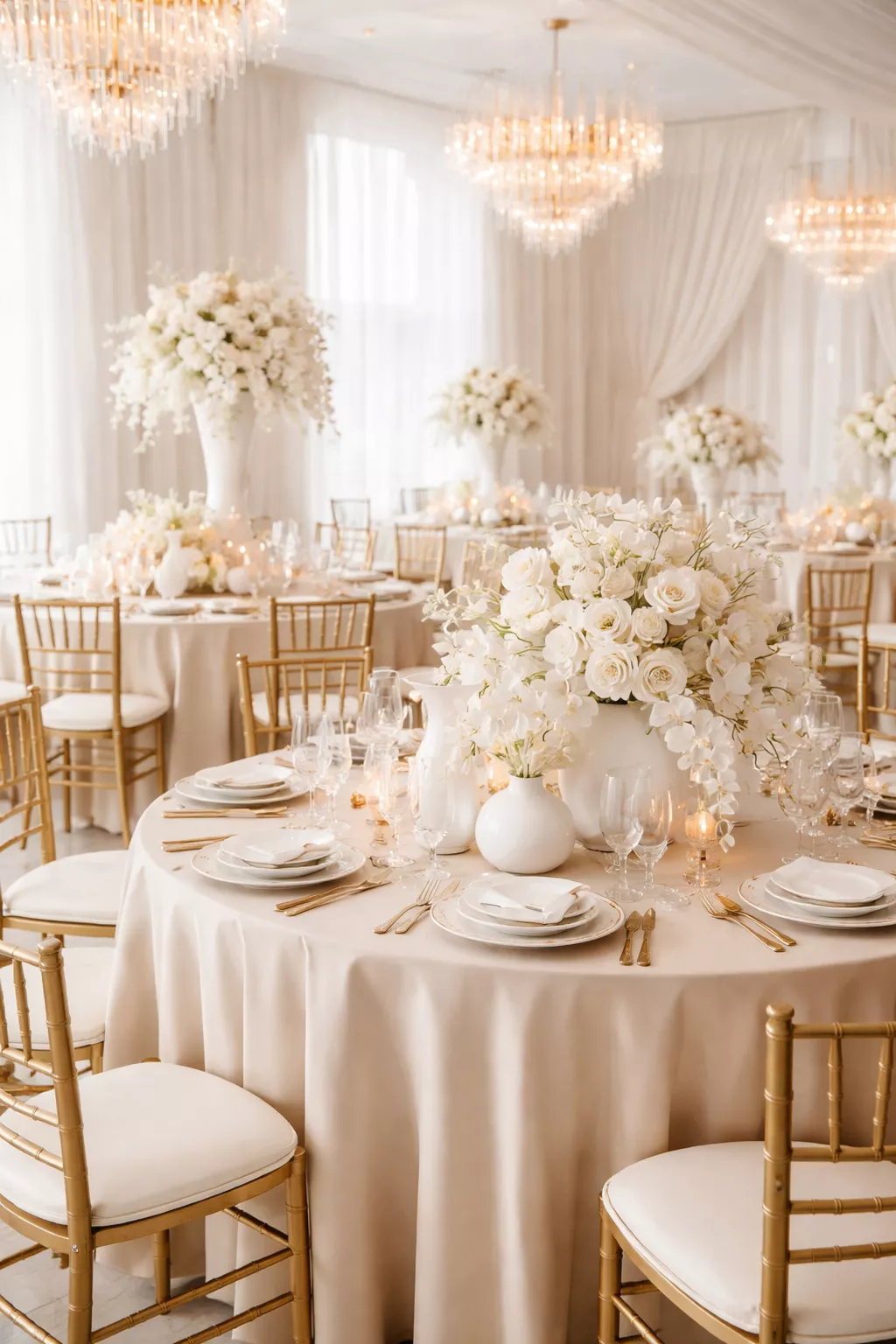 Vanilla Cream Timeless A realistic photo of a minimalist wedding reception with vanilla cream linens, gold metallic accents, and sculptural white floral arrangements.