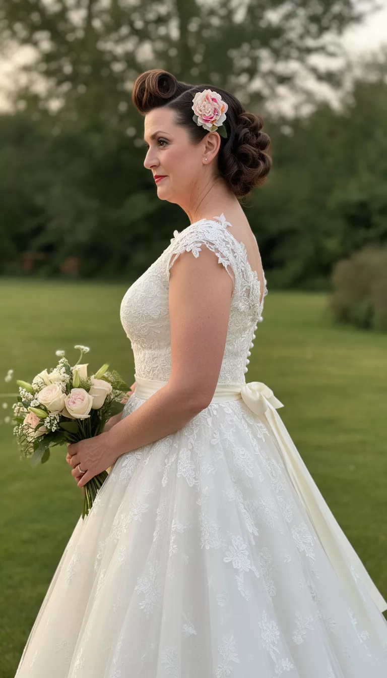 casual photo of a 42-year-old bride wearing a vintage 1950s style tea-length wedding dress with retro pin-up curls and a floral pin, side view, shot with an iPhone 15 Pro Max