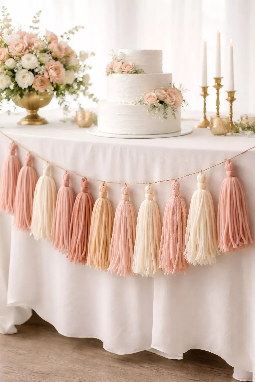 A realistic photo of a colorful yarn tassel garland in shades of blush pink and cream, hanging across the front of a white wedding cake table.