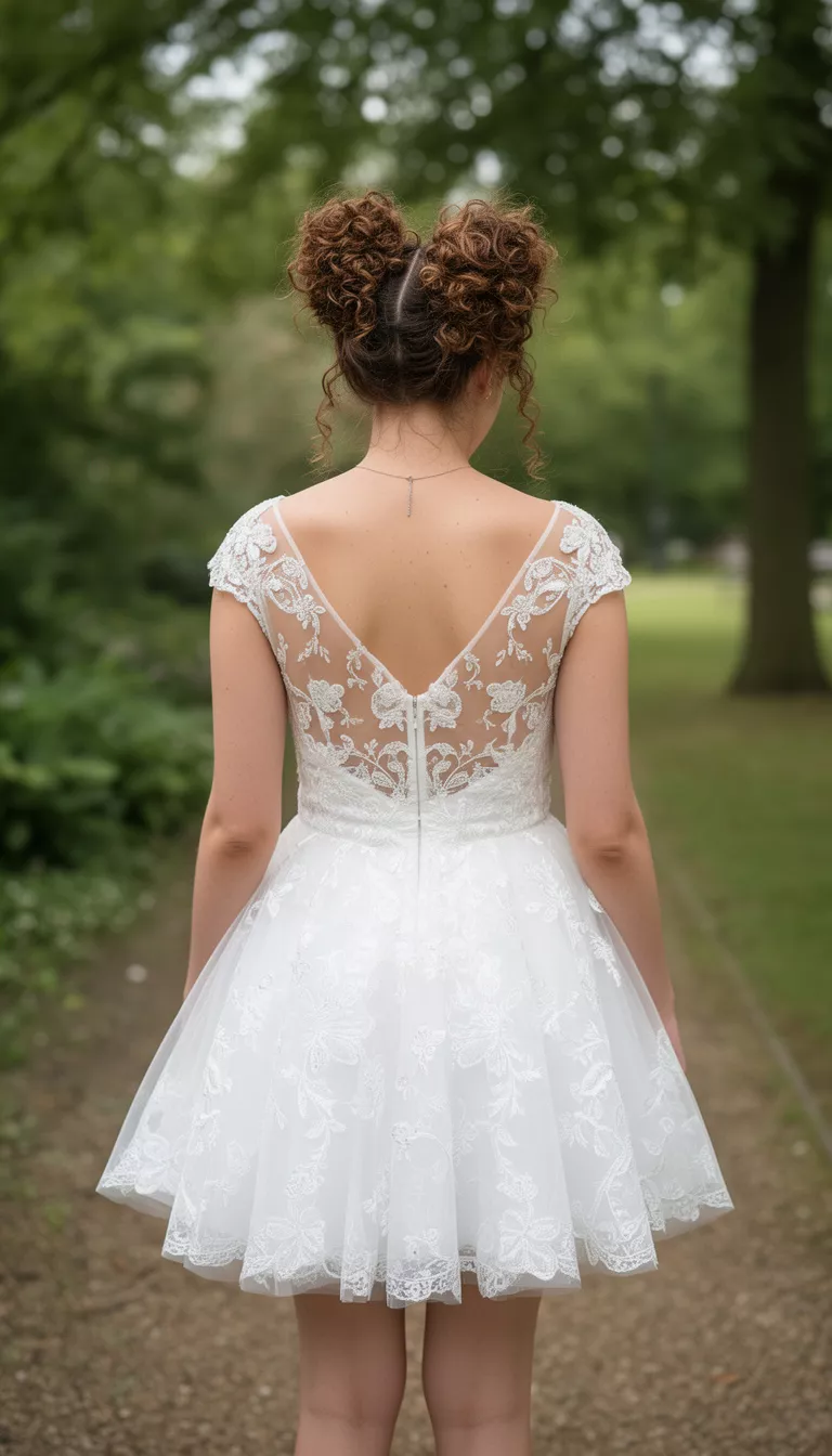 Double Curly Buns casual photo of a 26-year-old bride wearing a playful short wedding dress with double curly buns, back view, shot with an iPhone 15 Pro Max