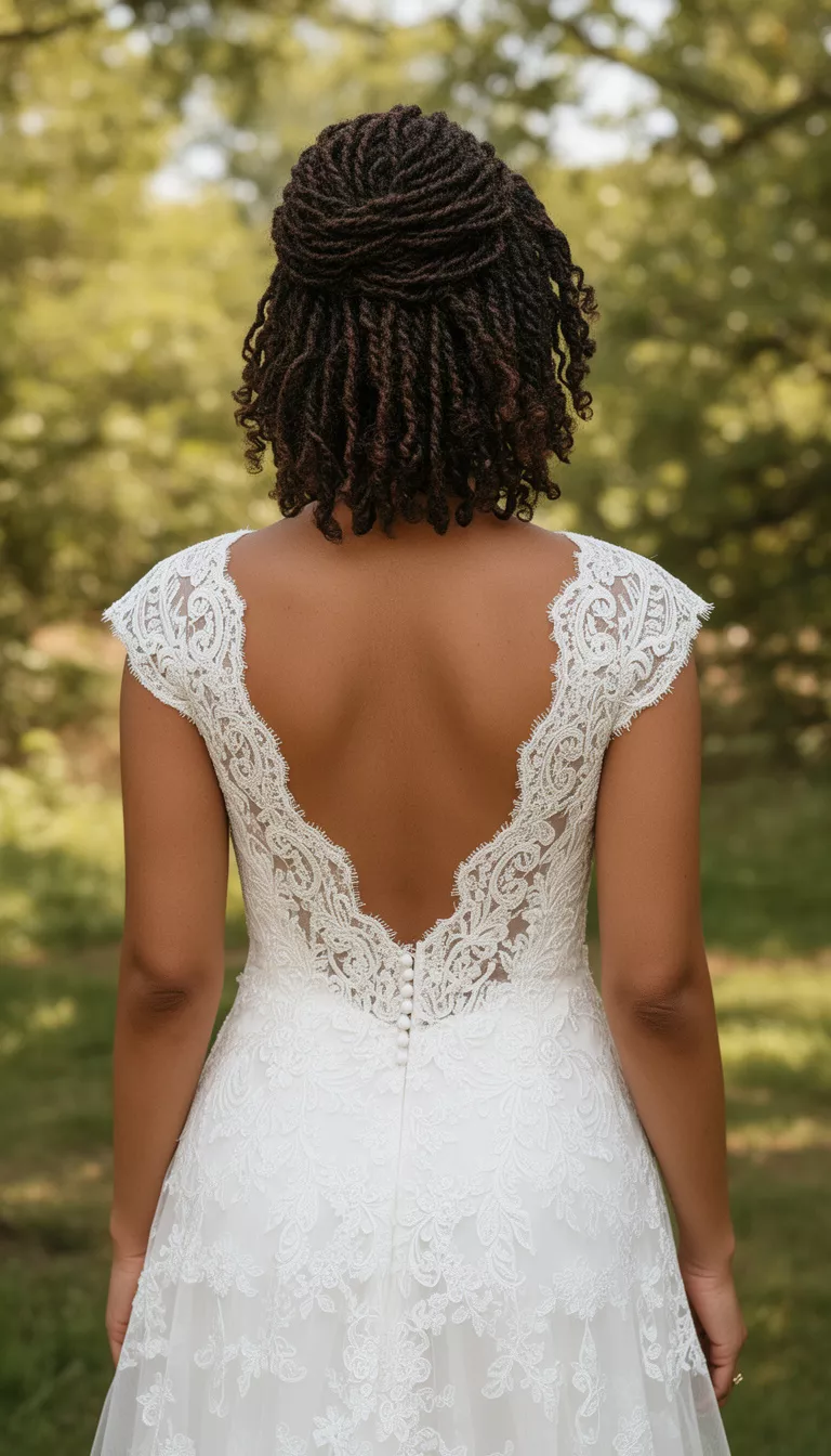 casual photo of a 37-year-old bride wearing a boho lace wedding dress with short flat twists and loose curls at the top, back view, shot with an iPhone 15 Pro Max