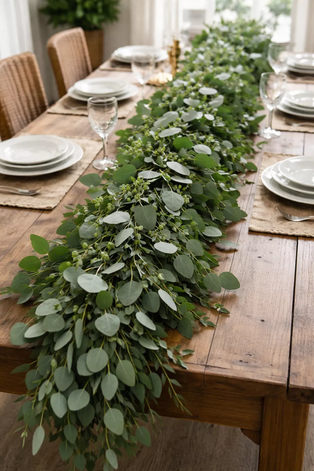 A realistic photo of a thick green eucalyptus garland draped over a long wooden dining table.