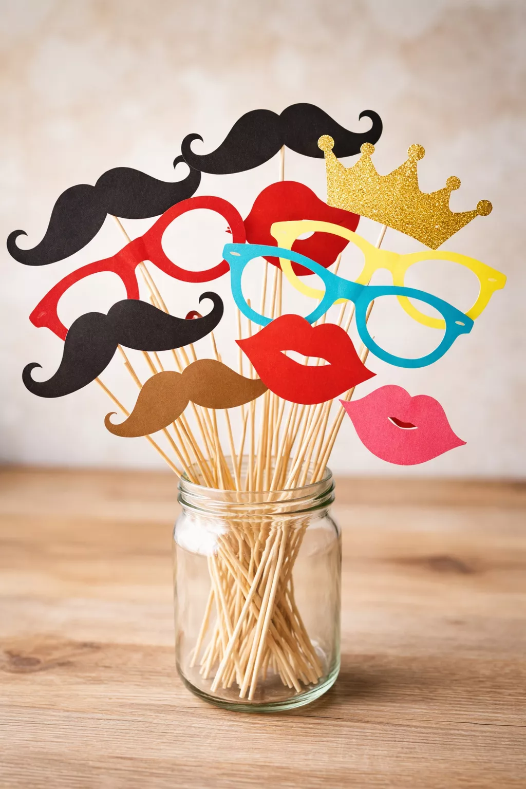 DIY Photo Booth Props A realistic photo of various colorful paper props like mustaches, oversized glasses, and red lips attached to thin wooden sticks, sitting in a tall glass jar.
