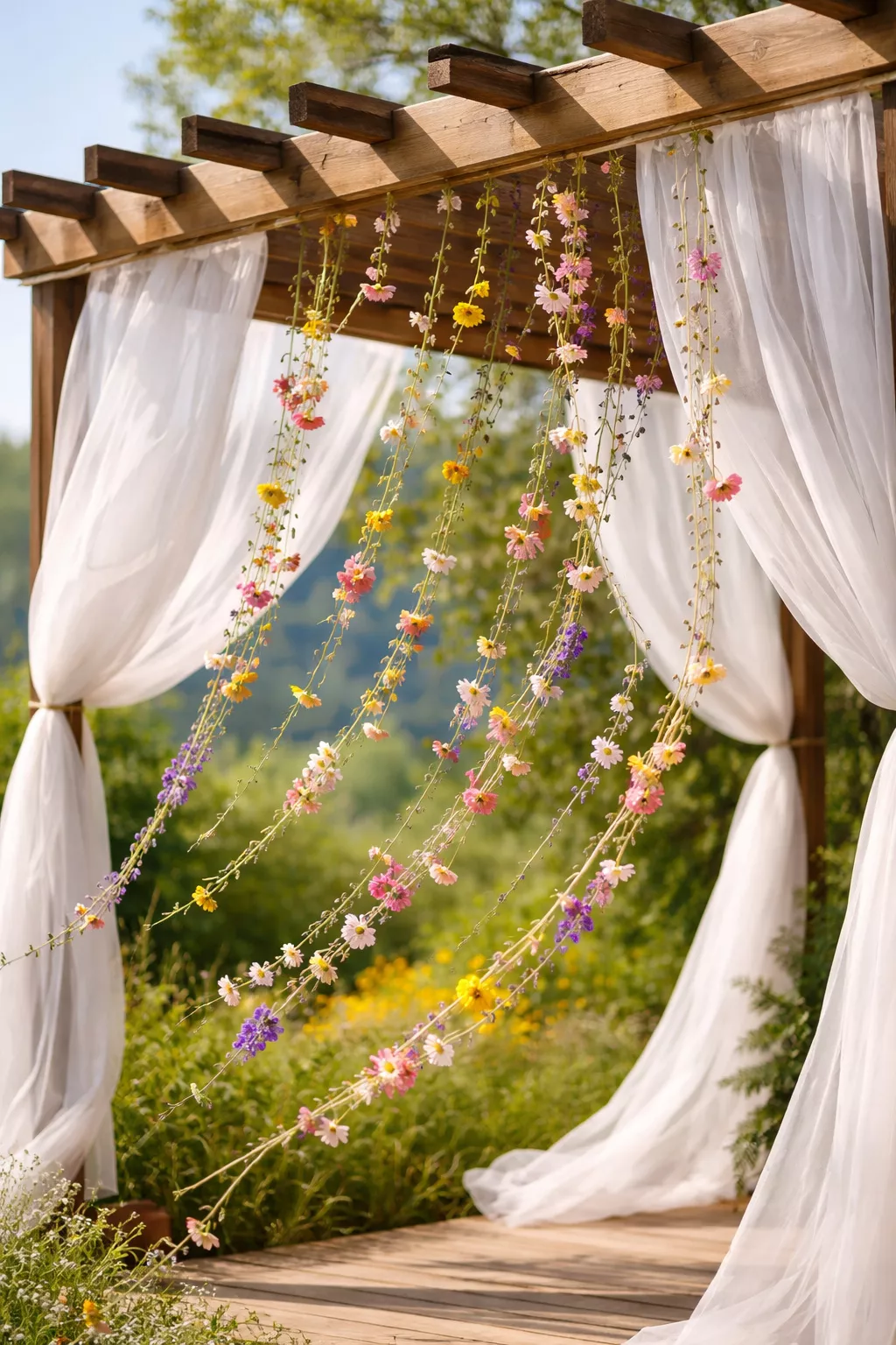 A realistic photo of a wooden pergola with sheer white curtains and long strings of colorful wildflowers blowing in the wind.