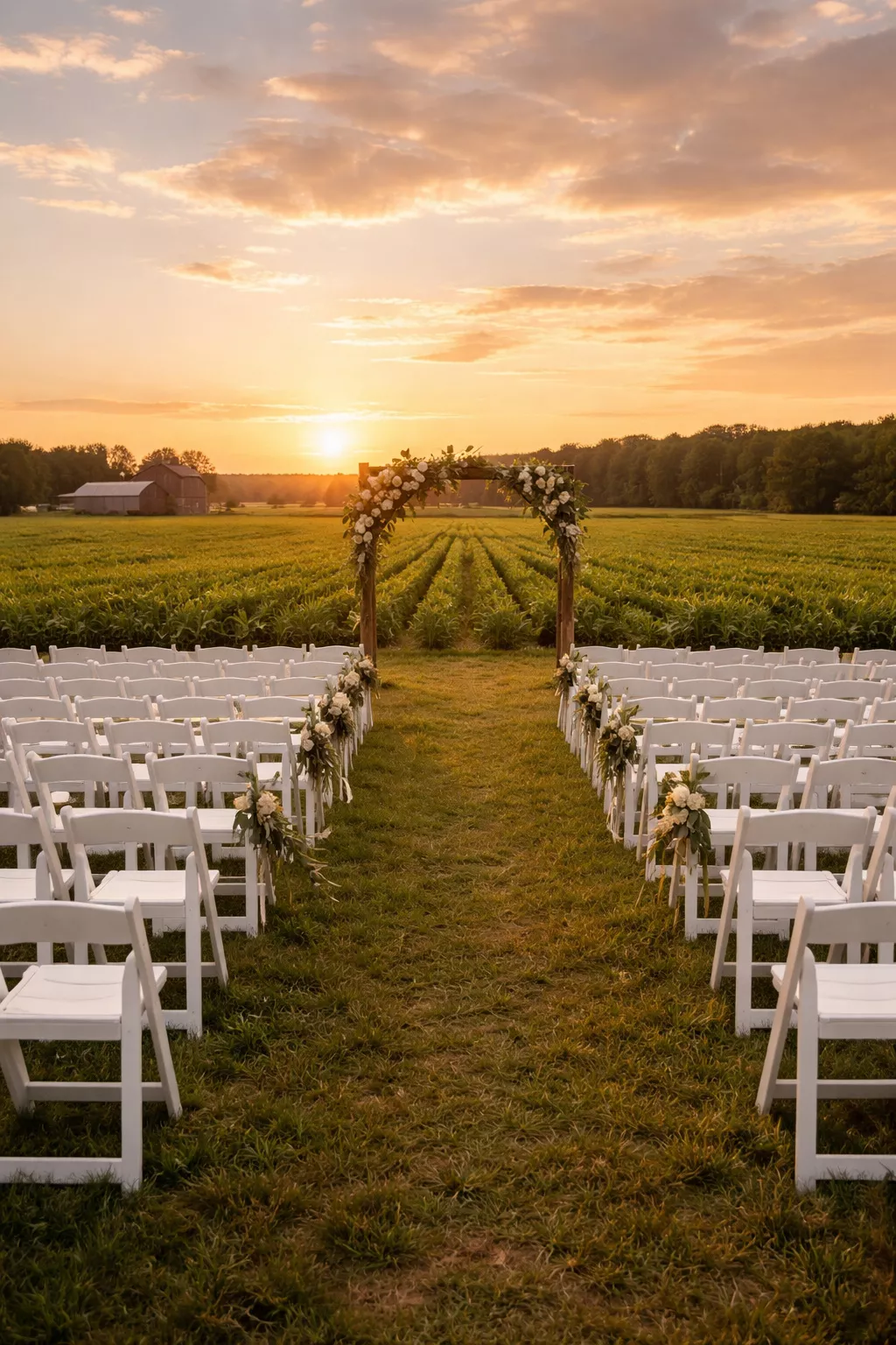 A realistic photo of a vast green farm field at sunset with rows of white wooden chairs set up for a wedding ceremony.