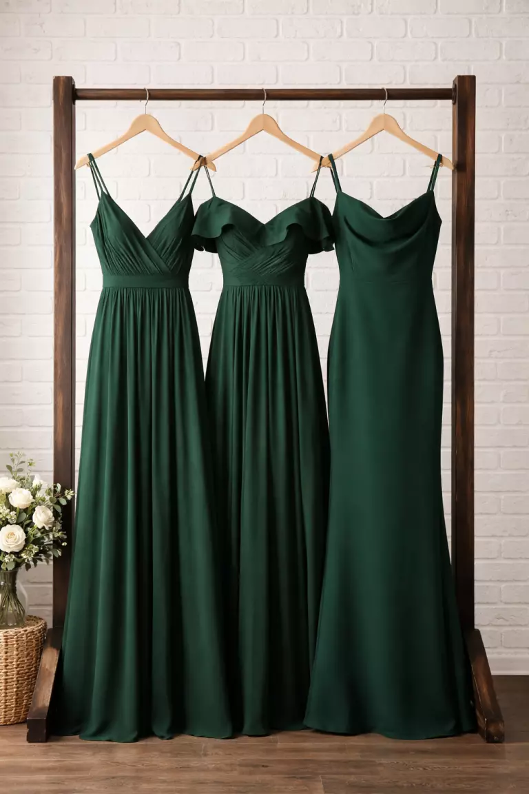 A realistic photo of three forest green bridesmaid dresses in various styles like flowy maxi and tailored sheath, hanging on a dark wood clothing rack against a background of white brick walls.