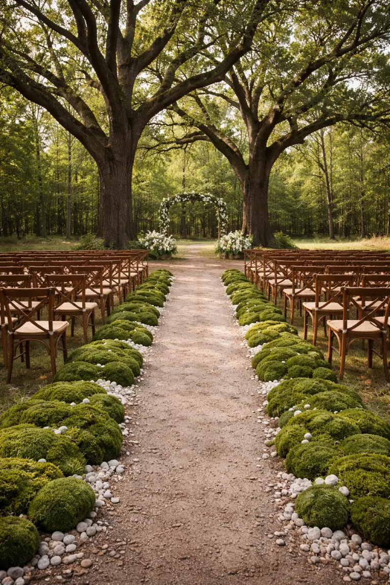 A realistic photo of a ceremony aisle lined with thick mounds of green preserved moss and small white stones, leading toward two large oak trees in a quiet forest clearing.