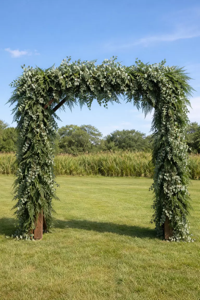 A realistic photo of a large wooden ceremony arch heavily draped in green eucalyptus leaves and dark green ferns, standing on a grassy lawn with a blue sky in the background.