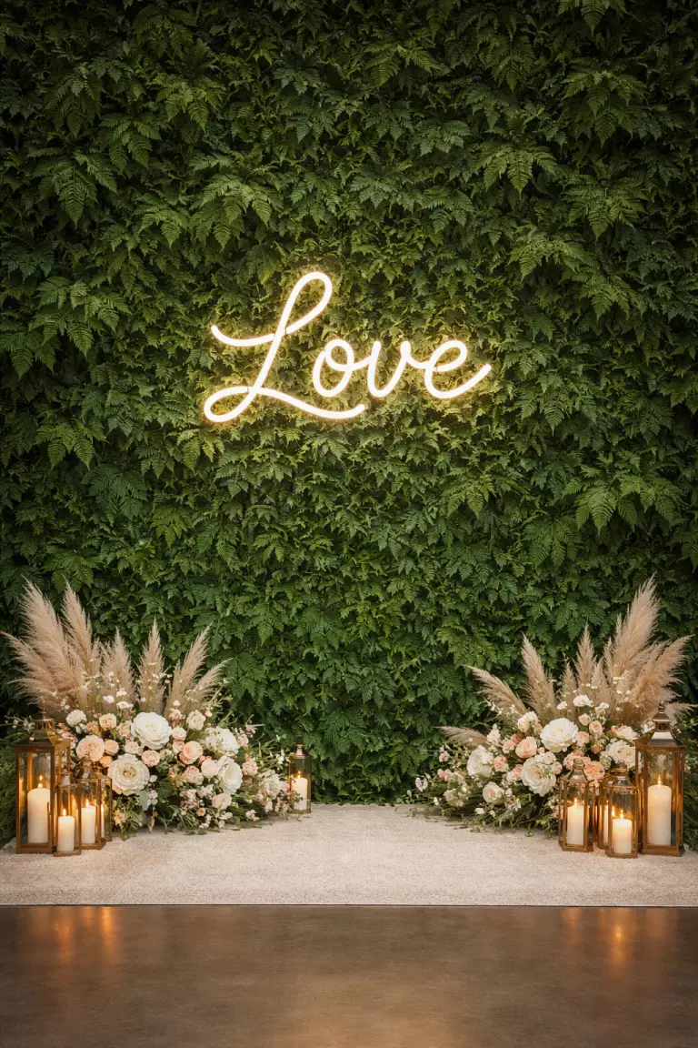A realistic photo of a tall wall completely covered in lush green ferns, serving as a background for a wedding photo booth with a neon sign saying 'Love' in the center.