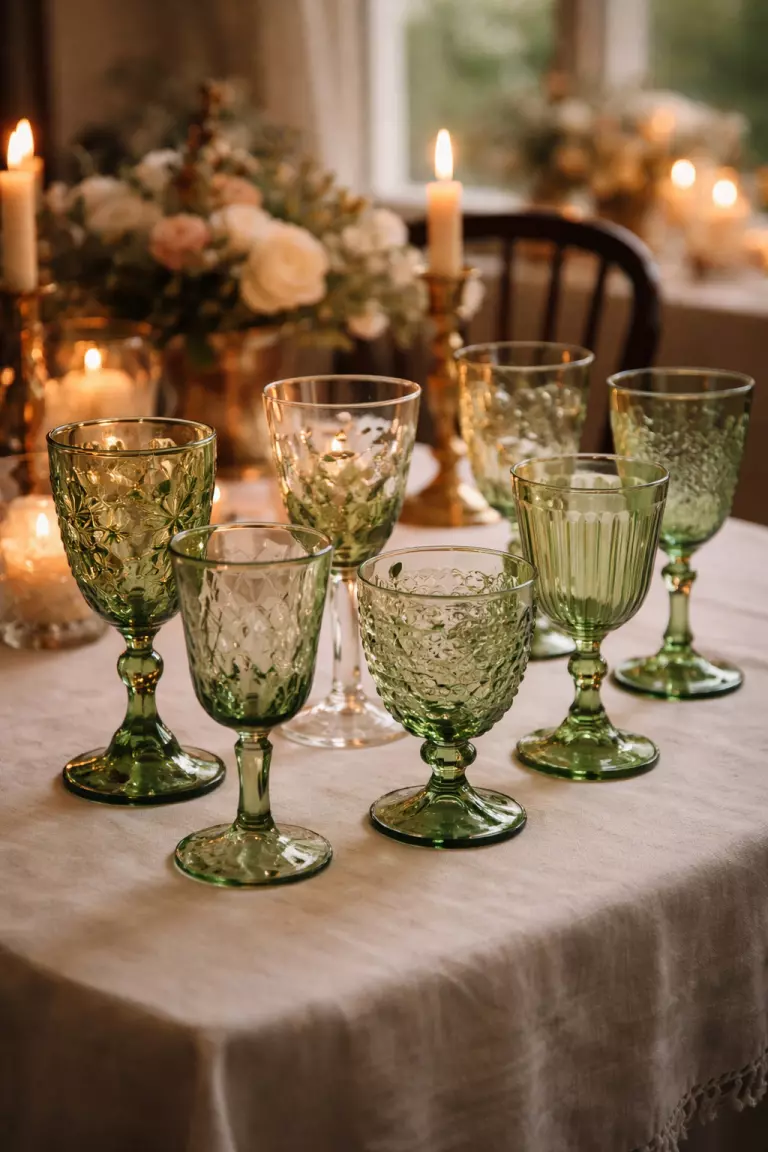 A realistic photo of a collection of mismatched vintage green wine glasses and water goblets on a white tablecloth, reflecting soft warm candlelight in a cozy dining room.