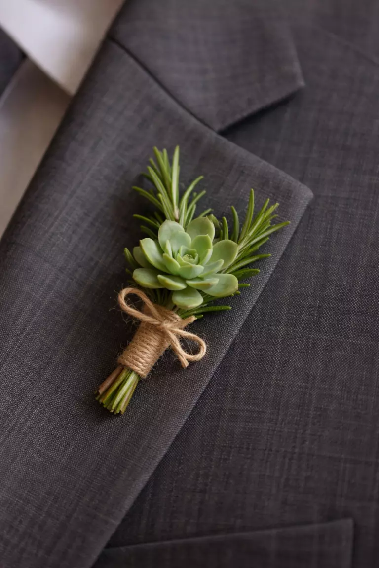 A realistic photo of a small wedding boutonniere featuring a tiny green succulent and a sprig of rosemary tied with brown twine, resting on a charcoal grey suit jacket.