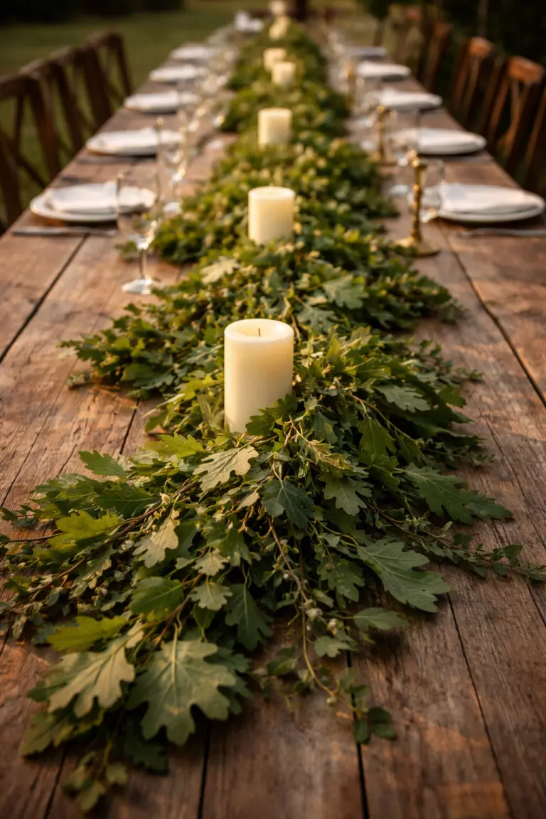 A realistic photo of a long garland made of foraged oak leaves and green vines draped across a long wooden banquet table, interspersed with ivory pillar candles.