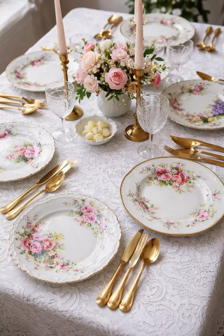 A realistic photo of a table set with mismatched floral china plates and gold silverware on a white lace tablecloth.