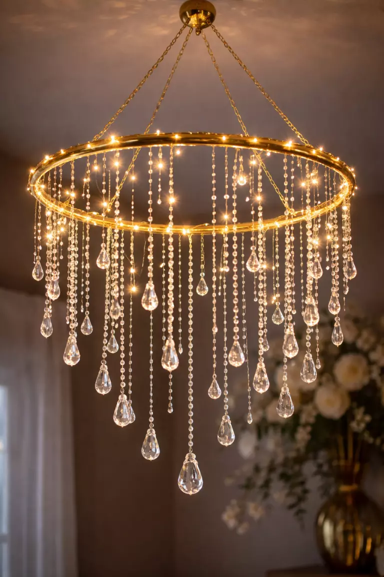 A realistic photo of a golden hula hoop hanging from a ceiling transformed into a chandelier with hanging clear crystals and fairy lights.