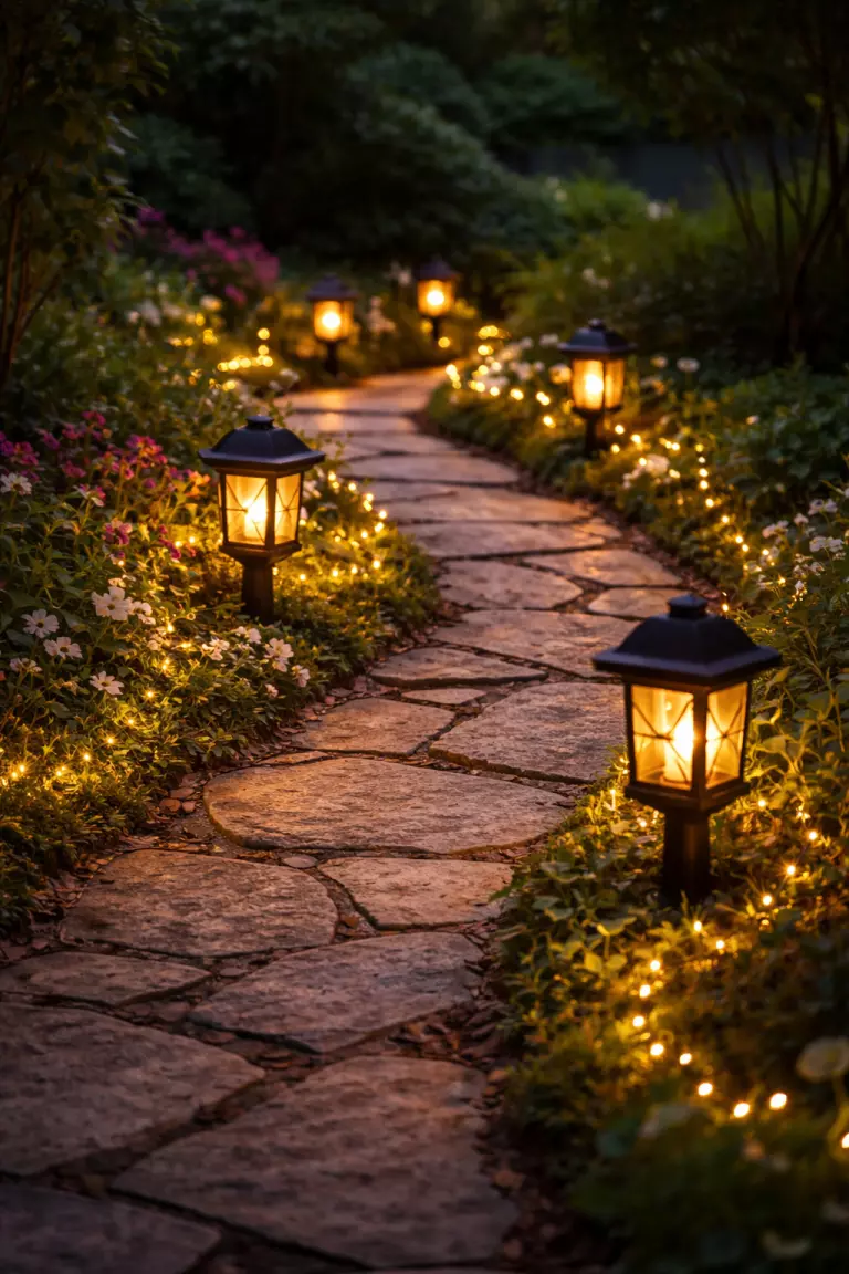 A realistic photo of a stone garden path lined with black solar lanterns and small white fairy lights illuminating the walkway at dusk.